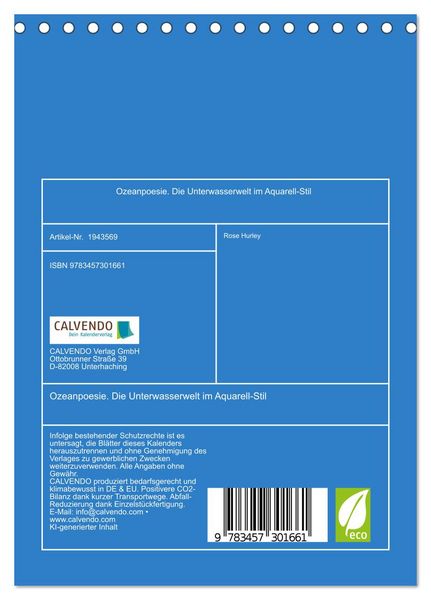 Produktbild: Ozeanpoesie. Die Unterwasserwelt im Aquarell-Stil (Tischkalender 2026 DIN A5 hoch), CALVENDO Monatskalender