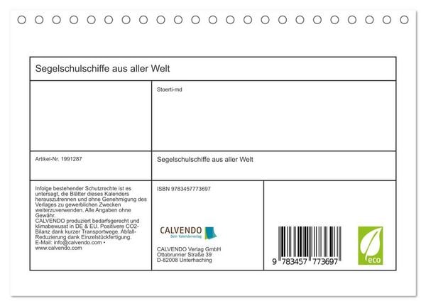Produktbild: Segelschulschiffe aus aller Welt (Tischkalender 2026 DIN A5 quer), CALVENDO Monatskalender