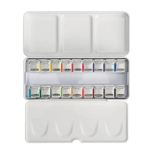Produktbild: Schmincke AKADEMIE Aquarell Malkasten, Kunststoffset, 18 x 1/2 N&auml;pfchen mit Gummiband