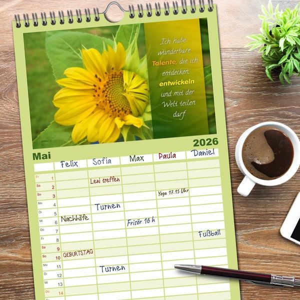 Produktbild: Familienplaner 2026 - YouFeelGood - Positive Impulse f&uuml;r mehr Selbstbewusstsein und Selbstvertrauen mit 5 Spalten (Wandkalender, 21 x 45 cm) CALVENDO