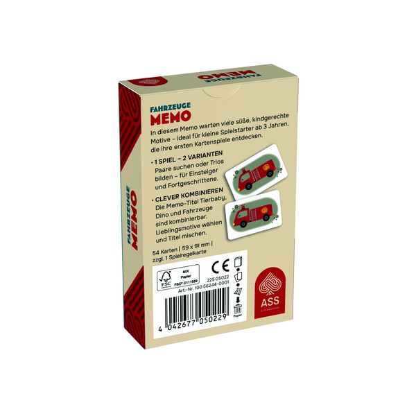 Produktbild: ASS Altenburger Memo Fahrzeuge - 2 Spielvarianten (Paare, Trios)