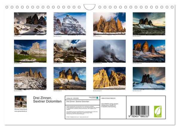 Produktbild: Drei Zinnen. Sextner Dolomiten (Wandkalender 2026 DIN A4 quer), CALVENDO Monatskalender