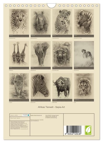 Produktbild: Afrikas Tierwelt - Sepia-Art (Wandkalender 2026 DIN A4 hoch), CALVENDO Monatskalender