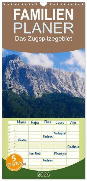 Familienplaner 2026 - Das Zugspitzegebiet mit 5 Spalten (Wandkalender, 21 x 45 cm) CALVENDO