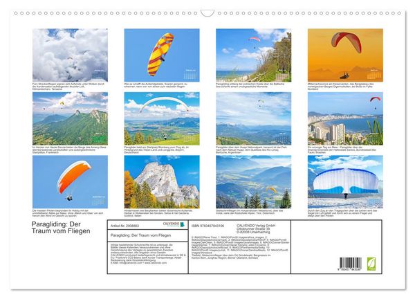 Produktbild: Paragliding: Der Traum vom Fliegen (Wandkalender 2026 DIN A2 quer), CALVENDO Monatskalender