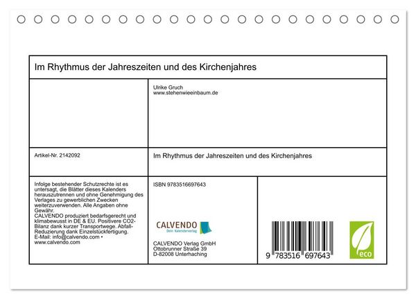 Produktbild: Im Rhythmus der Jahreszeiten und des Kirchenjahres (Tischkalender 2026 DIN A5 quer), CALVENDO Monatskalender