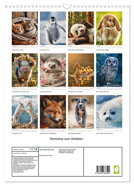 Produktbild: Tiermotive zum Verlieben (Wandkalender 2026 DIN A3 hoch), CALVENDO Monatskalender