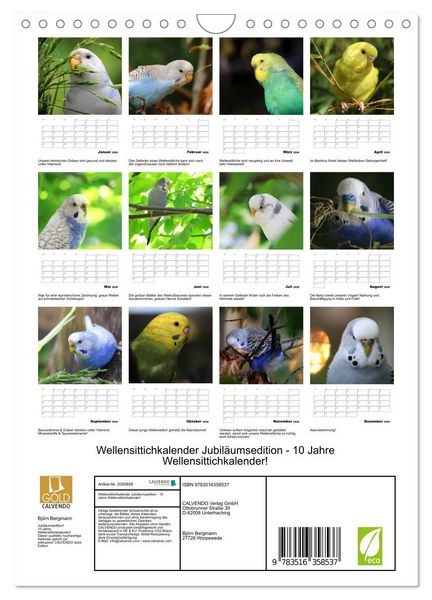Produktbild: Wellensittichkalender Jubil&auml;umsedition - 10 Jahre Wellensittichkalender! (Wandkalender 2026 DIN A4 hoch), CALVENDO Monatskalender