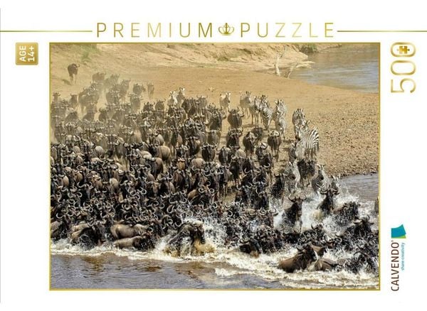 CALVENDO Puzzle Die grosse Wanderung in der Masai Mara....Gnus und Zebras | 500 Teile Lege-Größe 48 × 36 cm Foto-Puzzle für Erwachsene
