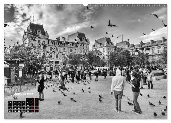 Produktbild: Paris-Impressionen in Schwarz-Wei&szlig; (hochwertiger Premium Wandkalender 2027 DIN A2 quer), Kunstdruck in Hochglanz