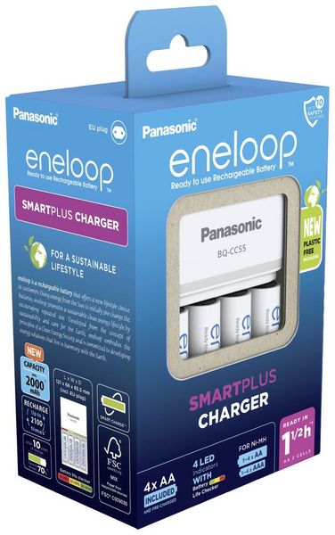 Produktbild: Panasonic Smart & Quick BQ-CC55 +4x eneloop AA Rundzellen-Ladeger&auml;t NiMH Micro (AAA), Mignon (AA)