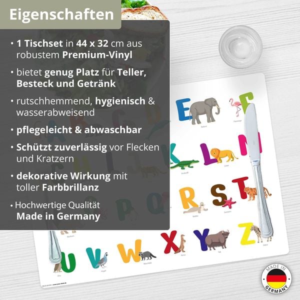 Produktbild: Tischsetmacher Tischset f&uuml;r Kinder Buntes ABC mit Tieren, aus hochwertigem Vinyl , 44 x 32 cm