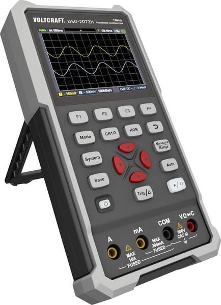 Produktbild: VOLTCRAFT DSO-2072H Hand-Oszilloskop 70 MHz 2-Kanal 250 MSa/s 8 kpts 8 Bit Handger&auml;t, Funktionsgenerator, Multimeter-Funktionen 1 St.