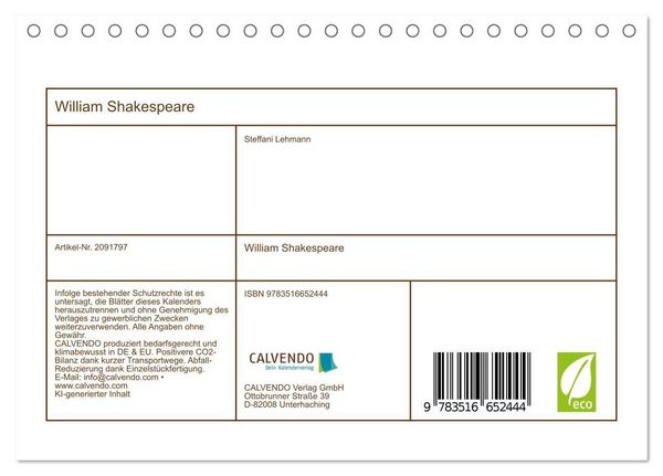 Produktbild: William Shakespeare (Tischkalender 2026 DIN A5 quer), CALVENDO Monatskalender