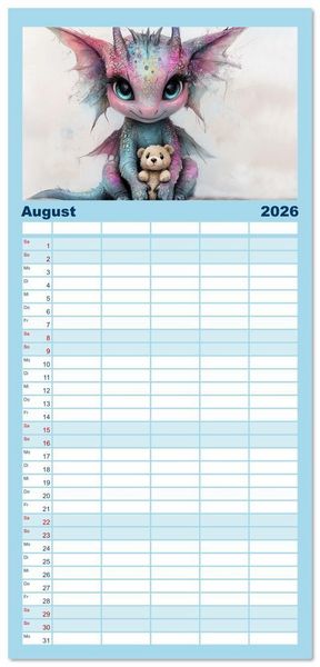 Produktbild: Familienplaner 2026 - Dinozauber &ndash; Wenn Urzeitbewohner zu Freunden werden mit 5 Spalten (Wandkalender, 21 x 45 cm) CALVENDO