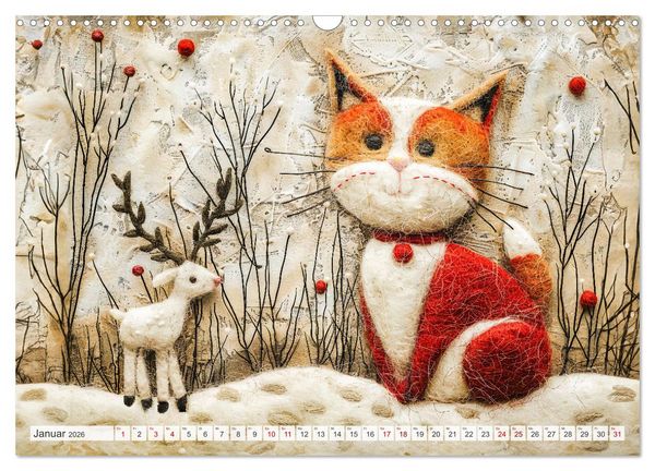 Produktbild: Filzige Katzenfreunde - Ein Jahr voller niedlicher KI-Filzkunst (Wandkalender 2026 DIN A3 quer), CALVENDO Monatskalender