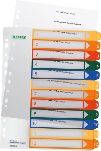Produktbild: Leitz 12940000 Register DIN A4, Überbreite 1-12 Polypropylen Mehrfarbig 12 Registerblätter PC-beschriftbar 12940000