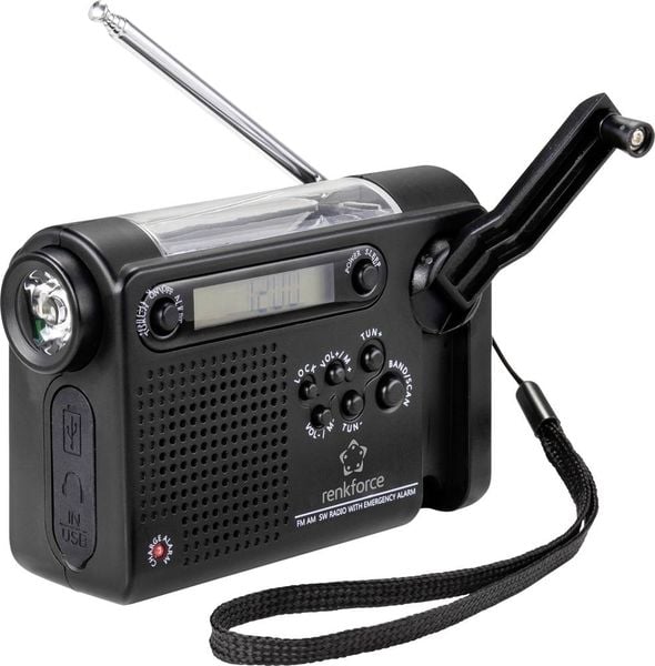 Renkforce RF-CR-200 Kofferradio UKW, MW, KW Notfallradio wiederaufladbar, Solarpanel, Handkurbel, Weckfunktion, Taschenlampe Schwarz