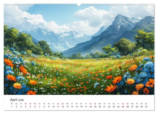 Produktbild: KI-Landschaften - Malerisch durch das Jahr (hochwertiger Premium Wandkalender 2026 DIN A2 quer), Kunstdruck in Hochglanz