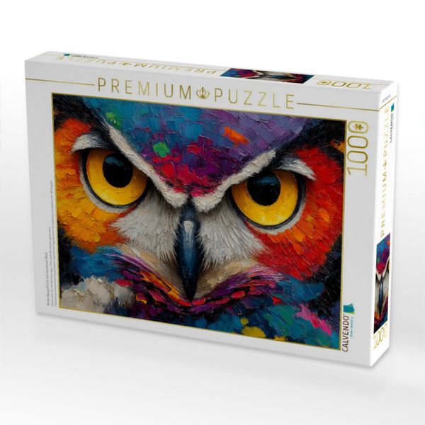 Produktbild: CALVENDO Puzzle Bunte Aquarell Eule mit intensivem Blick | 1000 Teile Lege-Gr&ouml;&szlig;e 64x48cm Foto-Puzzle f&uuml;r gl&uuml;ckliche Stunden