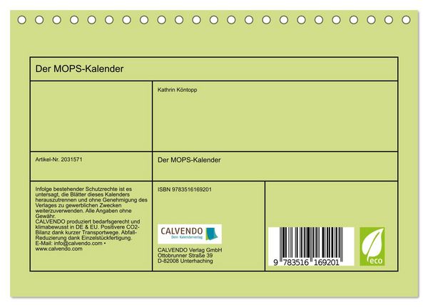 Produktbild: Der MOPS-Kalender (Tischkalender 2026 DIN A5 quer), CALVENDO Monatskalender