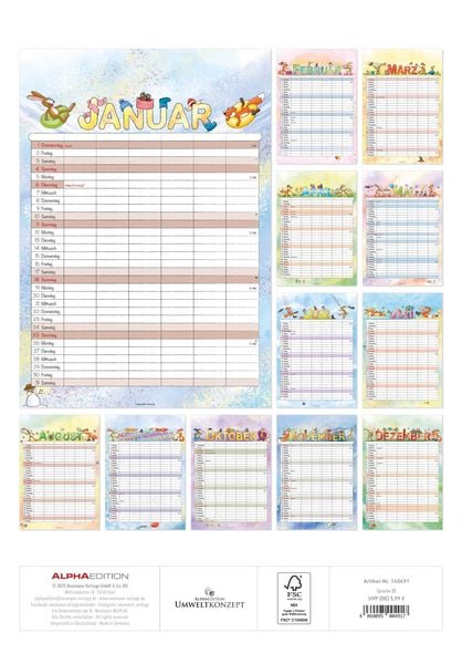 Produktbild: Familienplaner Cartoon 2026- Bildkalender 23,7x34 cm - 6 Spalten - Kalender mit Platz für Notizen - mit vielen Zusatzinformationen - Wandkalender
