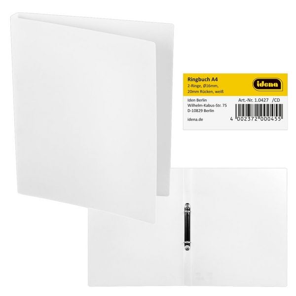 Idena Ringbuch aus Kunststoff 2 Ringe weiß DIN A4 Rückenbreite 2cm