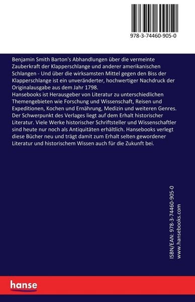 Produktbild: Benjamin Smith Barton's Abhandlungen &uuml;ber die vermeinte Zauberkraft der Klapperschlange und anderer amerikanischen Schlangen