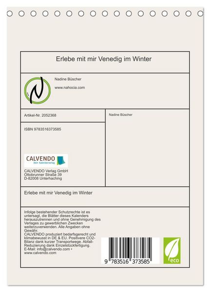 Produktbild: Erlebe mit mir Venedig im Winter (Tischkalender 2026 DIN A5 hoch), CALVENDO Monatskalender