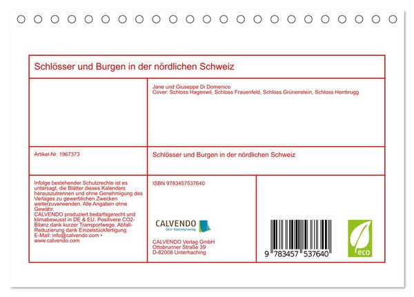 Produktbild: Schl&ouml;sser und Burgen in der n&ouml;rdlichen Schweiz (Tischkalender 2026 DIN A5 quer), CALVENDO Monatskalender