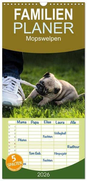 Produktbild: Familienplaner 2026 - Mopswelpen mit 5 Spalten (Wandkalender, 21 x 45 cm) CALVENDO