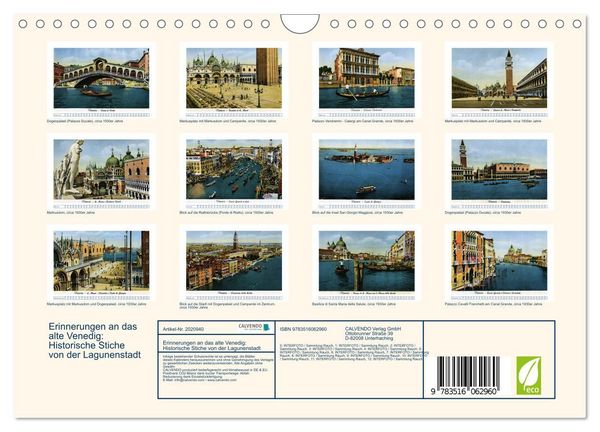 Produktbild: Erinnerungen an das alte Venedig: Historische Stiche von der Lagunenstadt (Wandkalender 2026 DIN A4 quer), CALVENDO Monatskalender