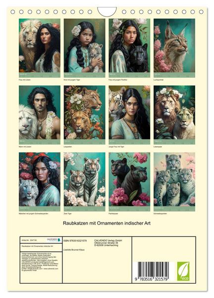 Produktbild: Raubkatzen mit Ornamenten indischer Art (Wandkalender 2026 DIN A4 hoch), CALVENDO Monatskalender