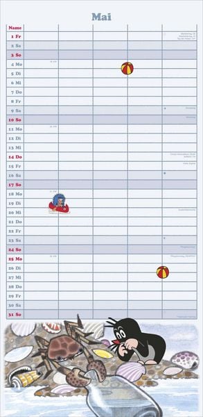 Produktbild: N NEUMANNVERLAGE - Der kleine Maulwurf 2026 Familienplaner, 22x45cm, Familienkalender mit 5 Spalten für Termine und Notizen, schöne Abbildungen, Stund