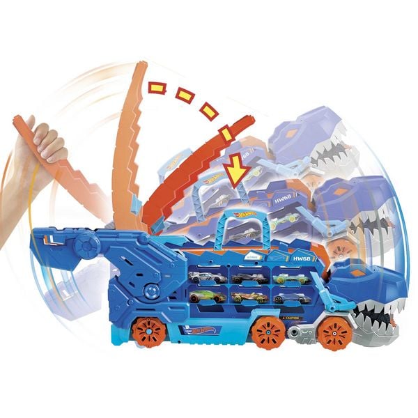 Produktbild: Der Hot Wheels City Ultimative Transporter verwandelt sich in einen T-Rex mit Rennstrecke, Aufbewahrung von mehr als 20 Autos