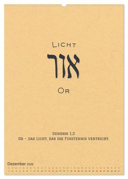 Produktbild: Hebr&auml;ische Lettern - Worte voller Licht und Weisheit (Wandkalender 2026 DIN A2 hoch), CALVENDO Monatskalender