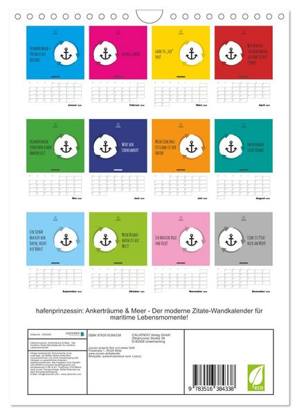 Produktbild: hafenprinzessin: Ankertr&auml;ume & Meer - Der moderne Zitate-Wandkalender f&uuml;r maritime Lebensmomente! (Wandkalender 2026 DIN A4 hoch), CALVENDO Monatskalender