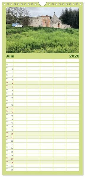 Produktbild: Familienplaner 2026 - Apuliens Kulturlandschaft mit 5 Spalten (Wandkalender, 21 x 45 cm) CALVENDO