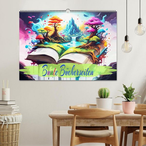 Produktbild: Bunte B&uuml;cherseiten (Wandkalender 2026 DIN A2 quer), CALVENDO Monatskalender