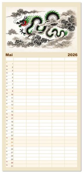 Produktbild: Familienplaner 2026 - Chinesische Tierkreiszeichen - Kunstvolle KI-Tuschemalerei des Ostens mit 5 Spalten (Wandkalender, 21 x 45 cm) CALVENDO