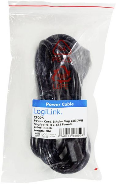 Produktbild: LogiLink Strom Anschlusskabel [1x Schutzkontakt-Winkelstecker - 1x Kaltger&auml;te-Stecker C13] 3.00 m Schwarz