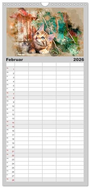 Produktbild: Familienplaner 2026 - Katzenkalender mausgemalt mit 5 Spalten (Wandkalender, 21 x 45 cm) CALVENDO