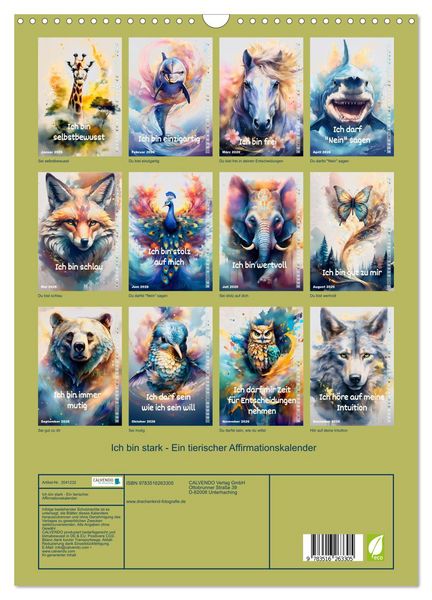 Produktbild: Ich bin stark - Ein tierischer Affirmationskalender (Wandkalender 2026 DIN A3 hoch), CALVENDO Monatskalender