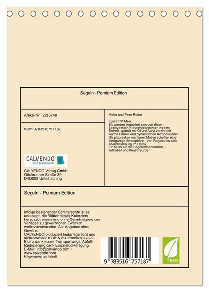 Produktbild: Segeln - Pemium Edition (Tischkalender 2027 DIN A5 hoch), CALVENDO Monatskalender