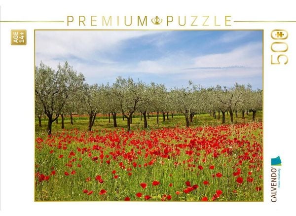 CALVENDO Puzzle Mohnfeld mit Olivenbäumen | 500 Teile Lege-Größe 48 × 36 cm Foto-Puzzle für Erwachsene