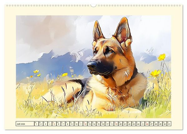 Produktbild: Deutsche Sch&auml;ferhunde. Majest&auml;tische W&auml;chter im Aquarell-Stil (hochwertiger Premium Wandkalender 2026 DIN A2 quer), Kunstdruck in Hochglanz