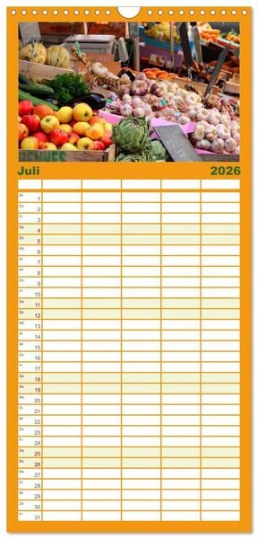 Produktbild: Familienplaner 2026 - Markttag in Frankreich mit 5 Spalten (Wandkalender, 21 x 45 cm) CALVENDO