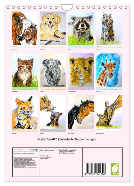 Produktbild: PortraiTierART Zauberhafte Tierzeichnungen (Wandkalender 2026 DIN A4 hoch), CALVENDO Monatskalender