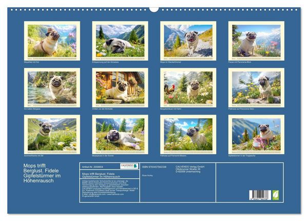 Produktbild: Mops trifft Berglust. Fidele Gipfelst&uuml;rmer im H&ouml;henrausch (Wandkalender 2026 DIN A2 quer), CALVENDO Monatskalender