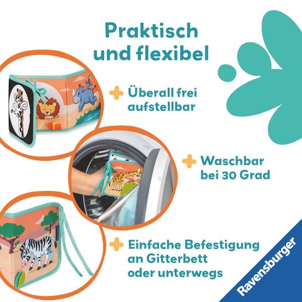 Produktbild: Ravensburger 4856 - play+ Mein allererstes Stoffbuch, für die Bauchlage: Wilde Tiere (Leporello)